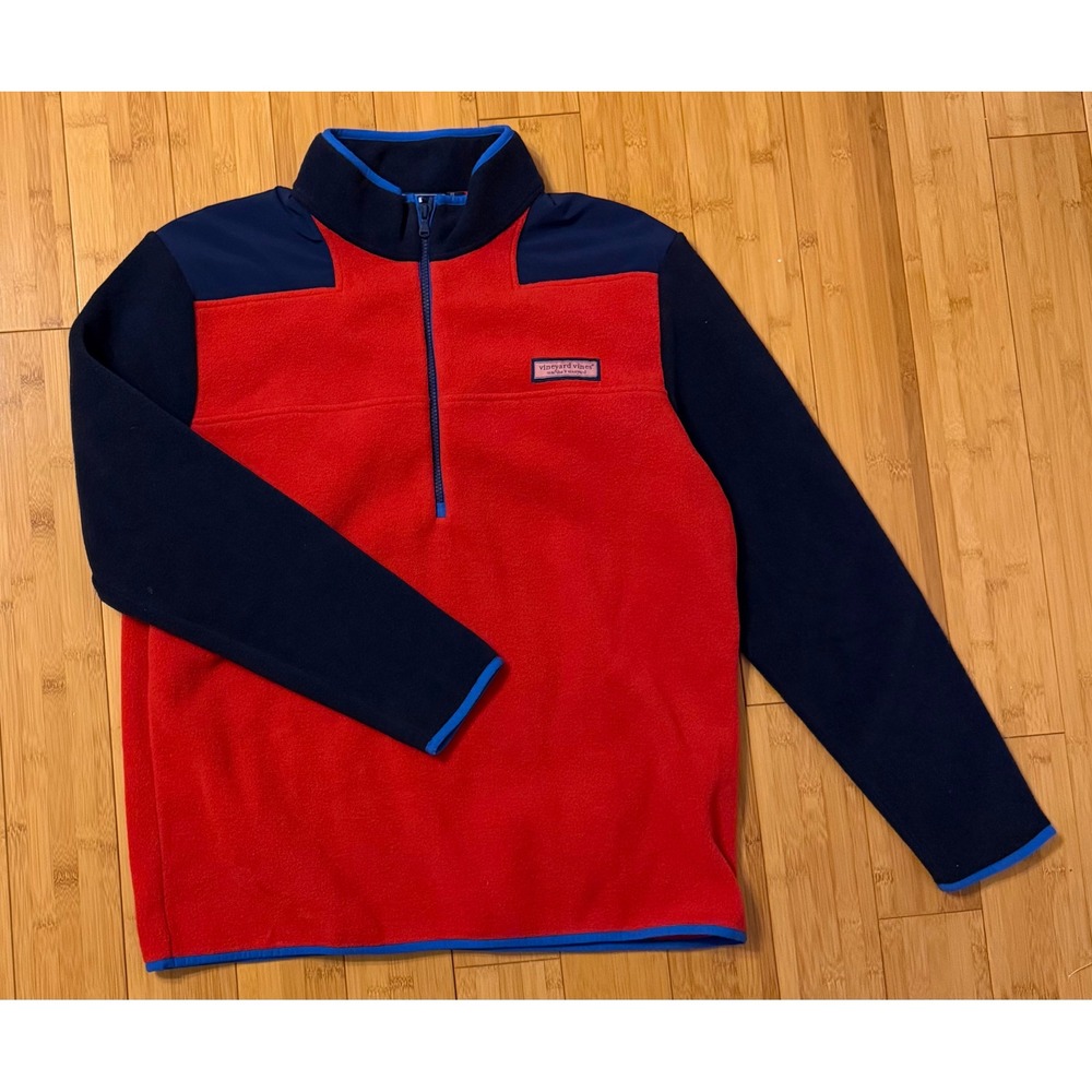Vineyard Vines Mens Large Red Navy Blue Colorblock Fleece Quarter Zip Pullover